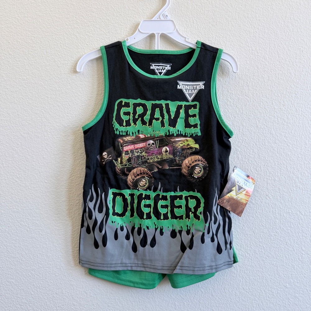 Monster Jam Grave Digger Boys Tank Top and Shorts Set Black Green Size 5 NEW
